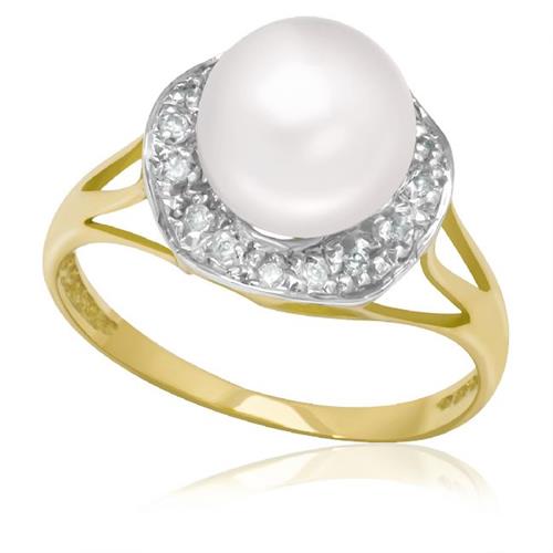 Anel com 16 Diamantes e Pérola de 9 mm, em Ouro Amarelo Anel com 16 Diamantes e Pérola de 9 mm, em Ouro Amarelo