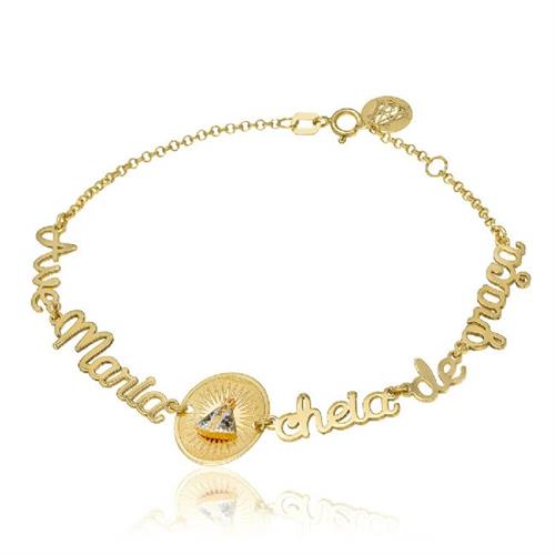 Pulseira Nossa Senhora com Safiras em Ouro Amarelo Pulseira Nossa Senhora com Safiras em Ouro Amarelo