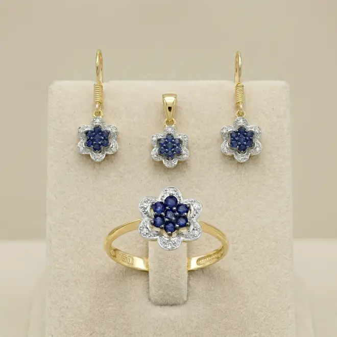 Conjunto Floral de Ouro com Safiras e Diamantes