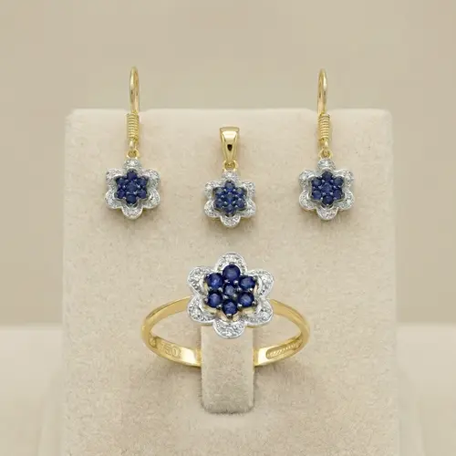 Conjunto Floral de Ouro com Safiras e Diamantes
