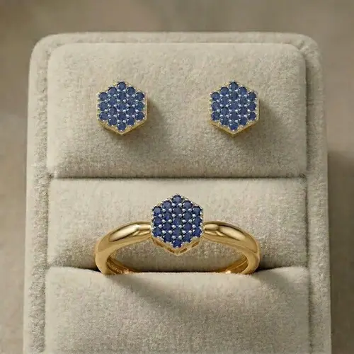 Conjunto de ouro par de brincos e anel com Safiras