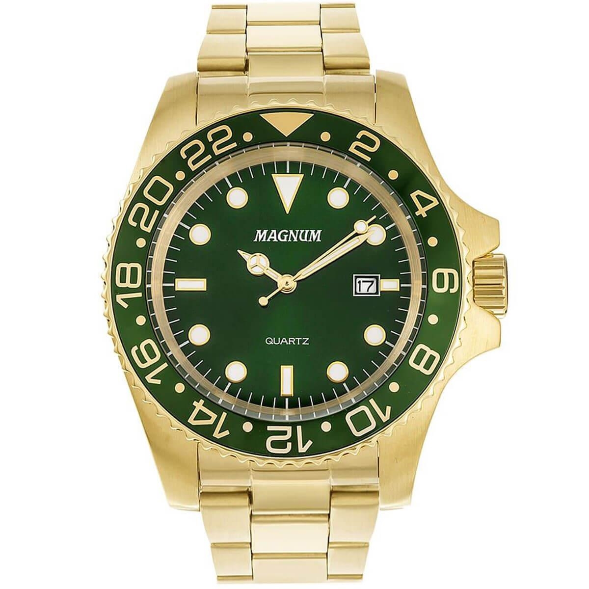 Relogio Magnum Masculino Dourado Visor Verde Calendario Ma32934g + Carteira  no Shoptime