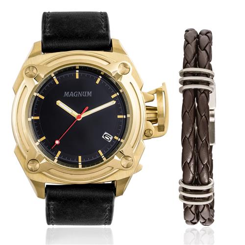 Relógio Magnum Analógico Masculino Dourado Pulseira de Couro