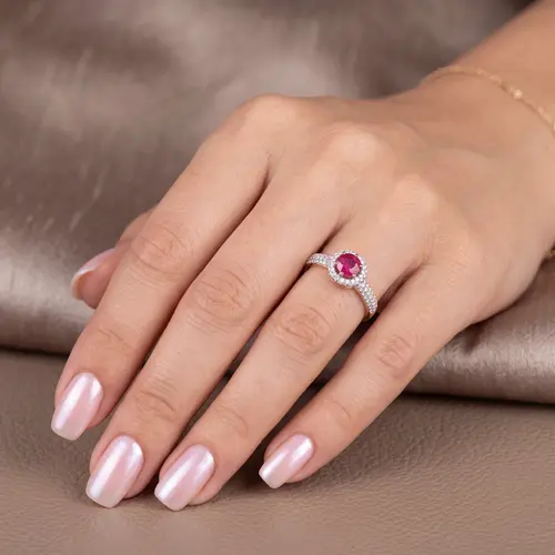 Anel de Ouro Rose modelo Chuveiro e Solitário com Rubi e Diamantes