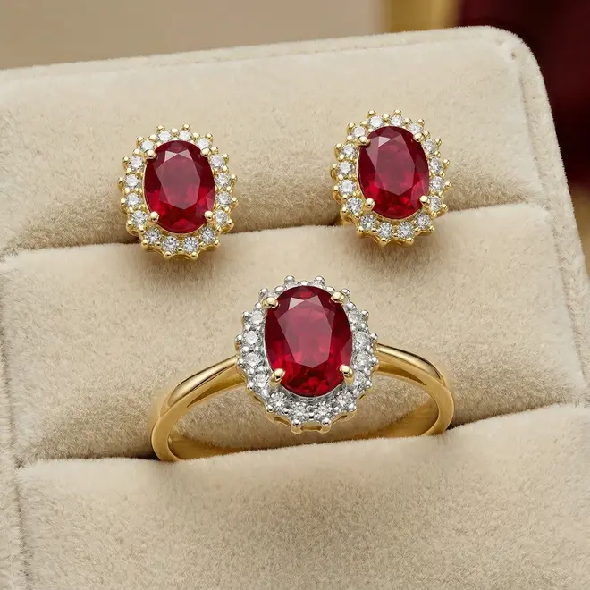 Conjunto de Ouro com Anel e Par de Brincos de Rubis com Diamantes