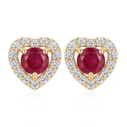Par de Brincos de Ouro Corações com Diamantes e Rubis