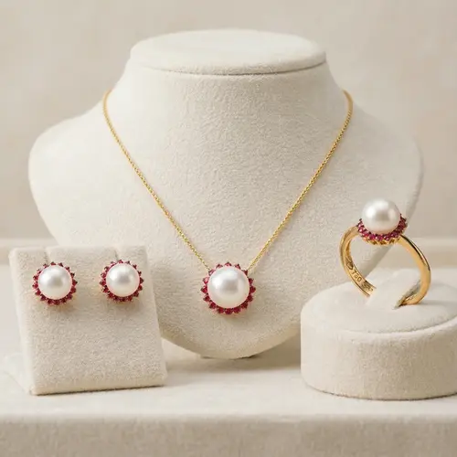 Conjunto de Ouro com Pérolas de 7 mm e 64 Rubis