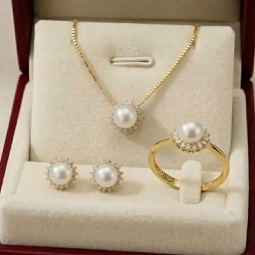 Conjunto de Ouro com Pérolas de 7 mm e 64 Diamantes