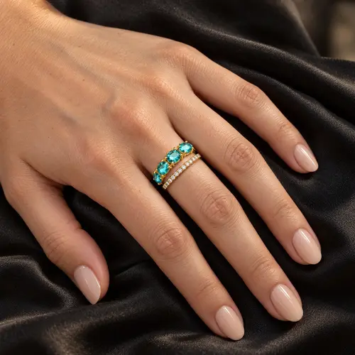 Meia Aliança Dupla de Ouro com 10 Diamantes e 4 C. Turmalina Paraíba