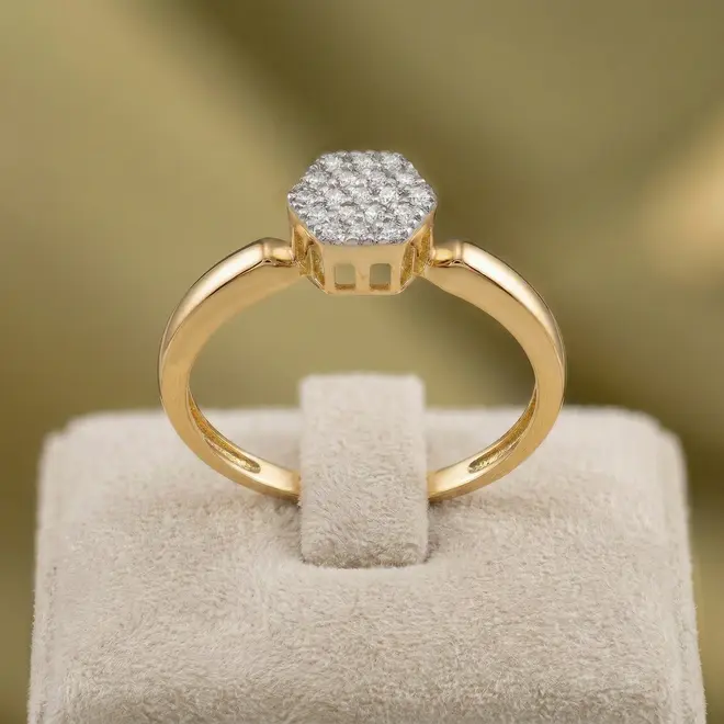 Anel Chuveiro de Ouro Sextavado com 19 Diamantes