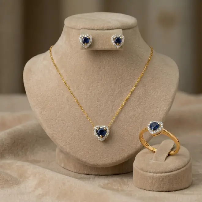 Conjunto de Ouro Corações com Safiras e Diamantes