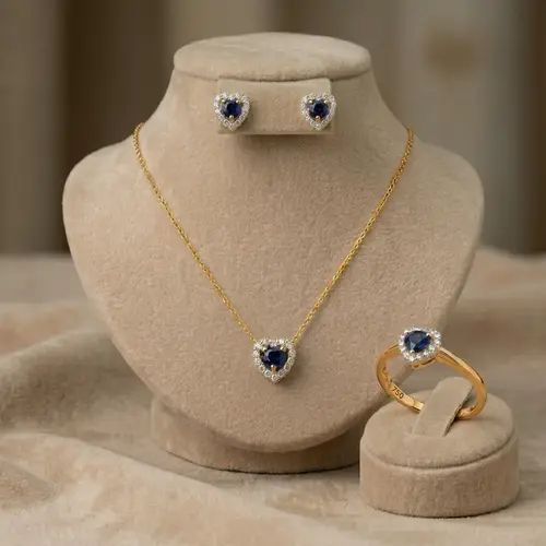 Conjunto de Ouro Corações com Safiras e Diamantes