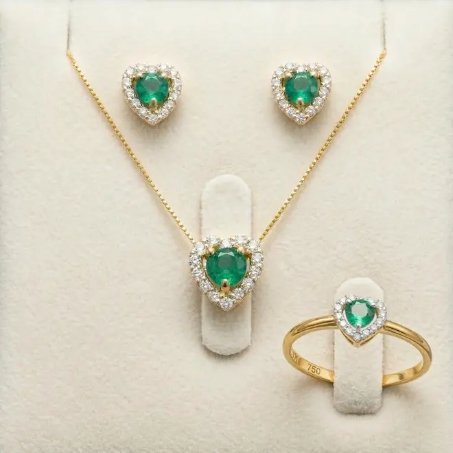 Conjunto de Ouro Corações com Esmeraldas e Diamantes