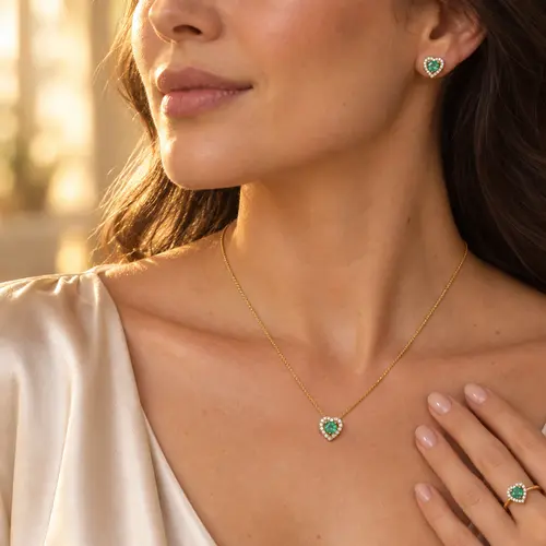 Conjunto de Ouro Corações com Esmeraldas e Diamantes