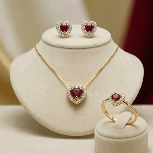Conjunto de Ouro Corações com Rubis e Diamantes