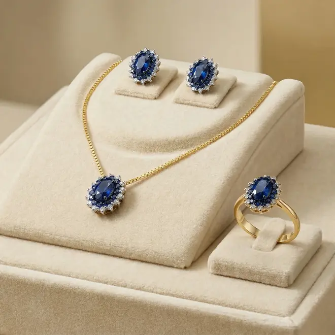 Conjunto de Ouro com 60 Safiras e 56 Diamantes