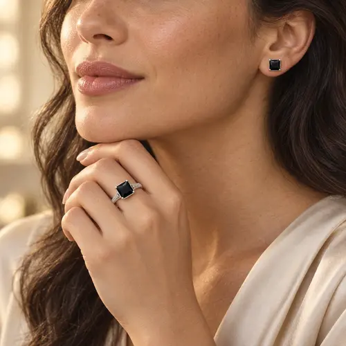 Conjunto de Prata com 2 Diamantes e Zircônias Negras