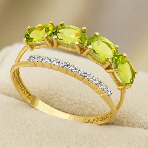 Meia Aliança Dupla de Ouro com 11 Diamantes e 4 Cristais de Peridoto Naturais