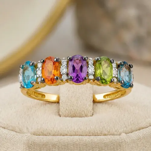 Meia Aliança de Ouro com Mix de Gemas e 6 Diamantes