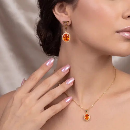 Conjunto Brincos e Pingente com Citrinos e Cristais