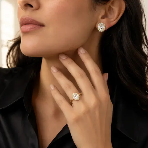 Conjunto com Cristais e 2,10 Cts em Águas Marinhas, Acabamento em Ouro