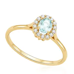 Anel com 14 Diamantes e Turmalina Paraíba de 45 pts., em Ouro Amarelo