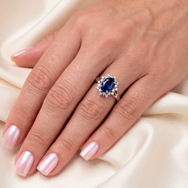 Anel com 20 Diamantes e Safira de 1,80 Cts., em Ouro Branco