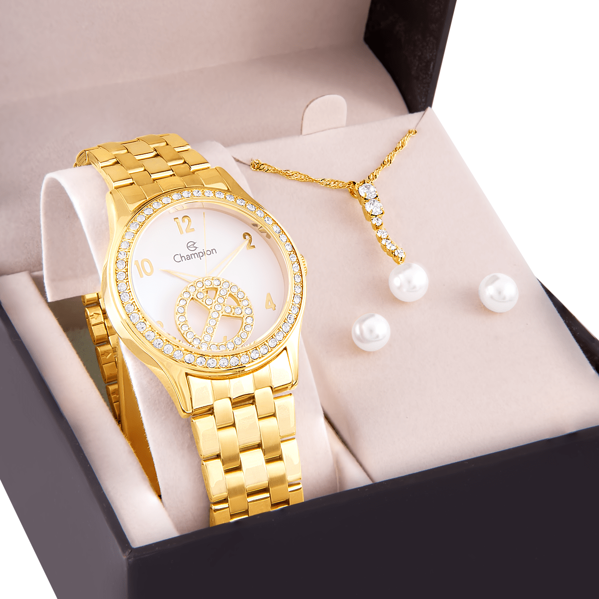 Relógio Champion Dourado Magnum Feminino Conformável Leve Colar e Brincos  Folheados Luxo CN25690D