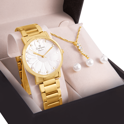 Kit Relógio Feminino Analógico Dourado Champion - CN25887W - Casa das  Alianças