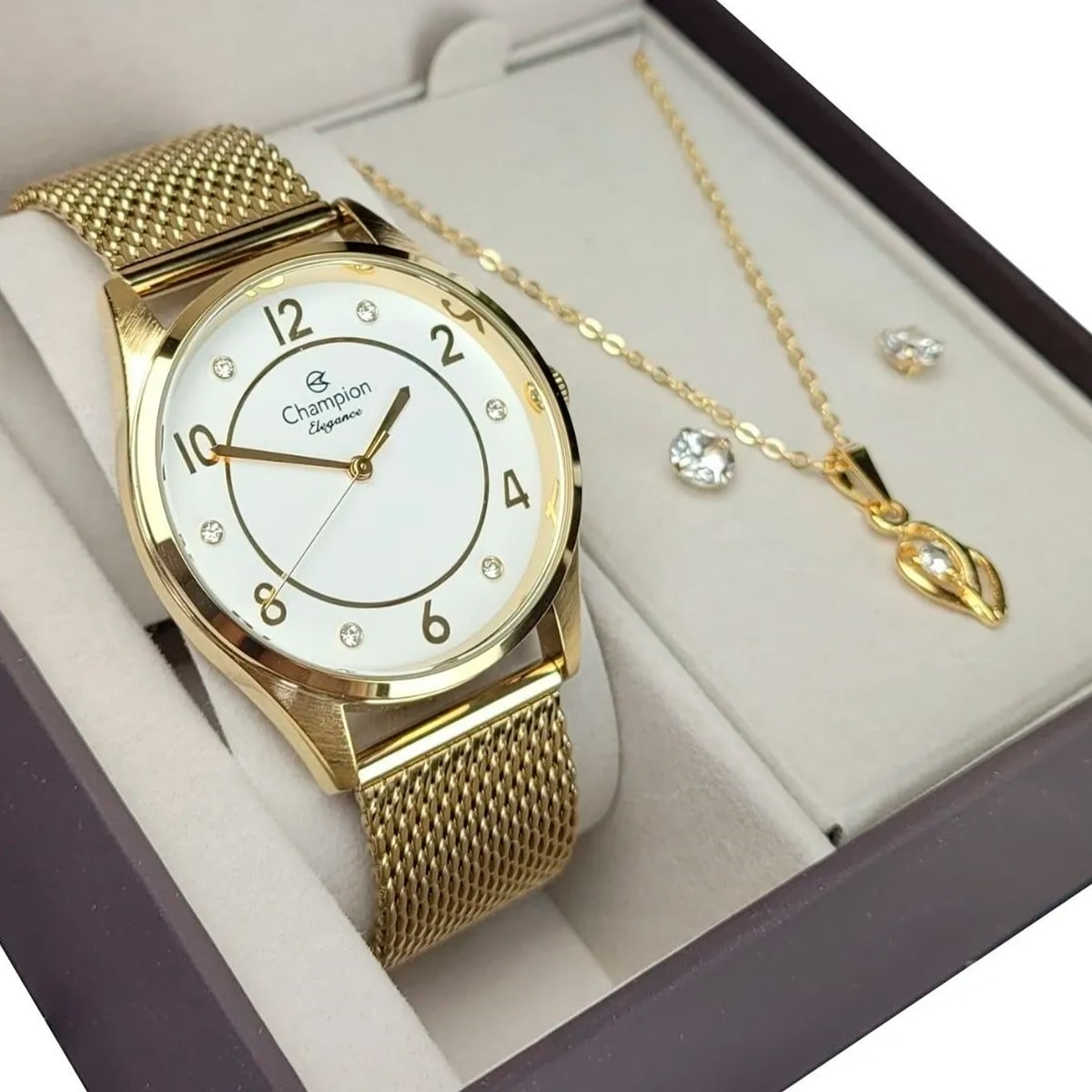 Relógio Champion Dourado Magnum Feminino Conformável Leve Colar e Brincos  Folheados Luxo CN25690D