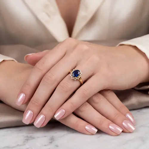 Anel de Ouro com 20 Diamantes e Safira de 1,80 Ct
