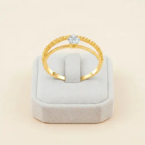 Anel de Ouro Amarelo com Aro Duplo e 4 Diamantes