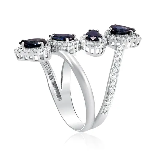 Anel de Ouro Branco com 85 Diamantes e 2,30 Cts em Safiras