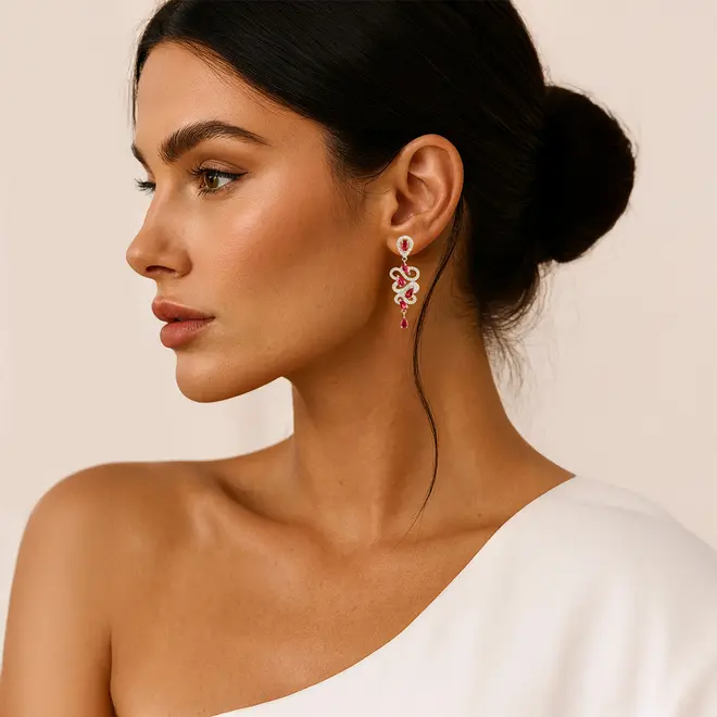Par de Brincos de Ouro Branco com Diamantes e 2,88 Cts em Rubis