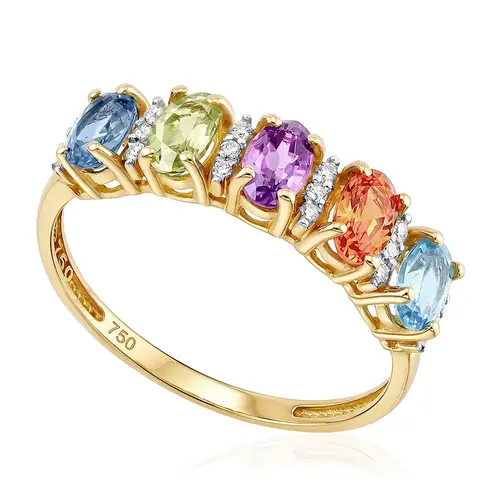 Meia Aliança de Ouro Amarelo com Mix de Gemas e 6 Diamantes