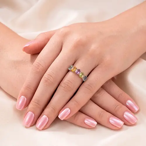 Meia Aliança de Ouro Amarelo com Mix de Gemas e 6 Diamantes