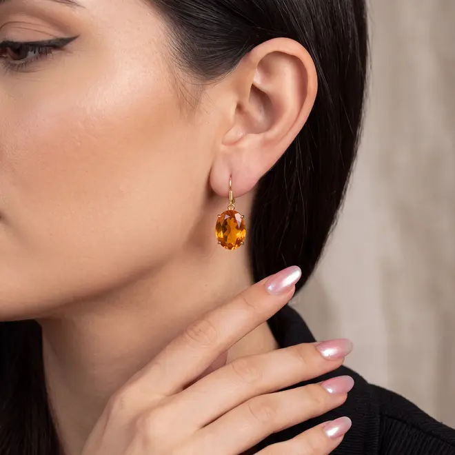 Par de Brincos de Ouro Amarelo com Citrino Oval