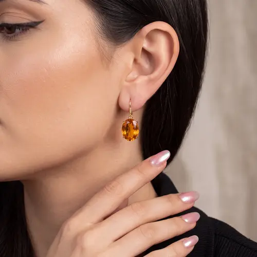 Par de Brincos de Ouro Amarelo com Citrino Oval