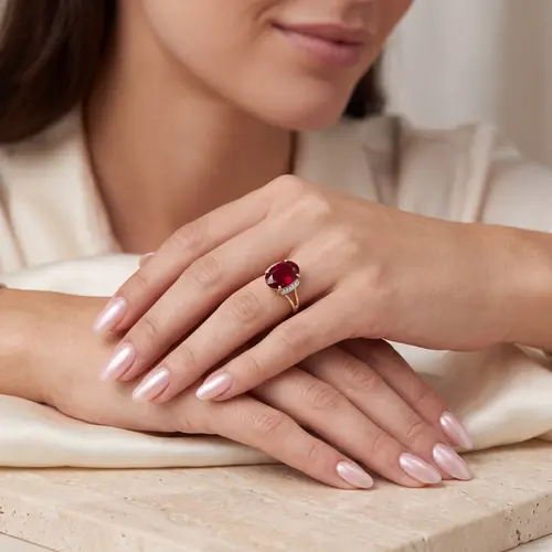 Anel de Ouro Amarelo com 8 Diamantes e Quartzo Rubi