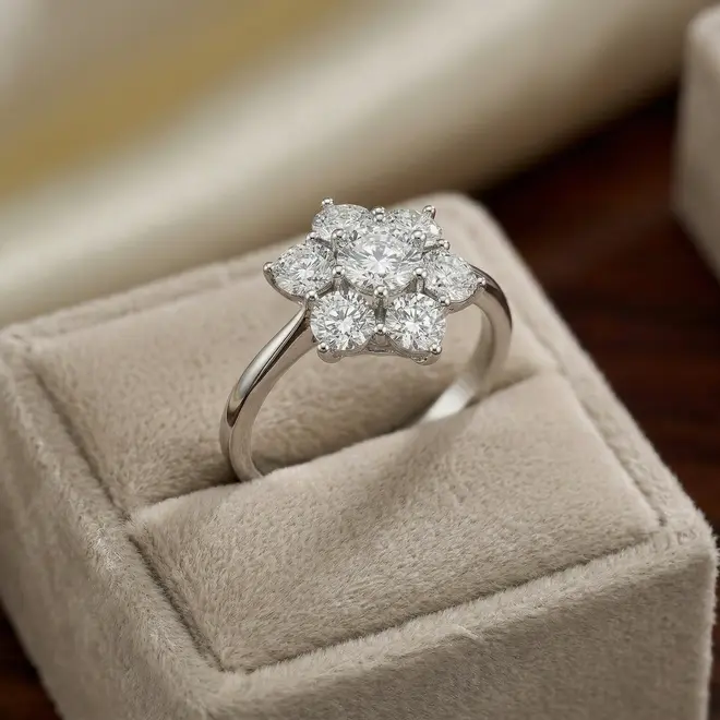 Anel Chuveiro de Ouro Branco com 7 Diamantes Totalizando 30 pts
