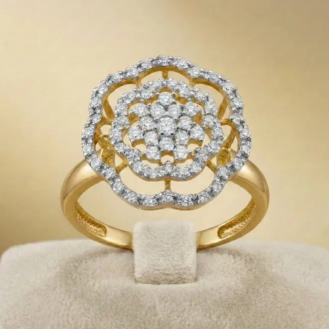 Anel Chuveiro de Ouro - Floral com 66 Diamantes
