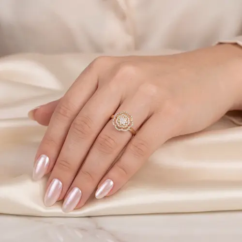 Anel Chuveiro de Ouro - Floral com 66 Diamantes