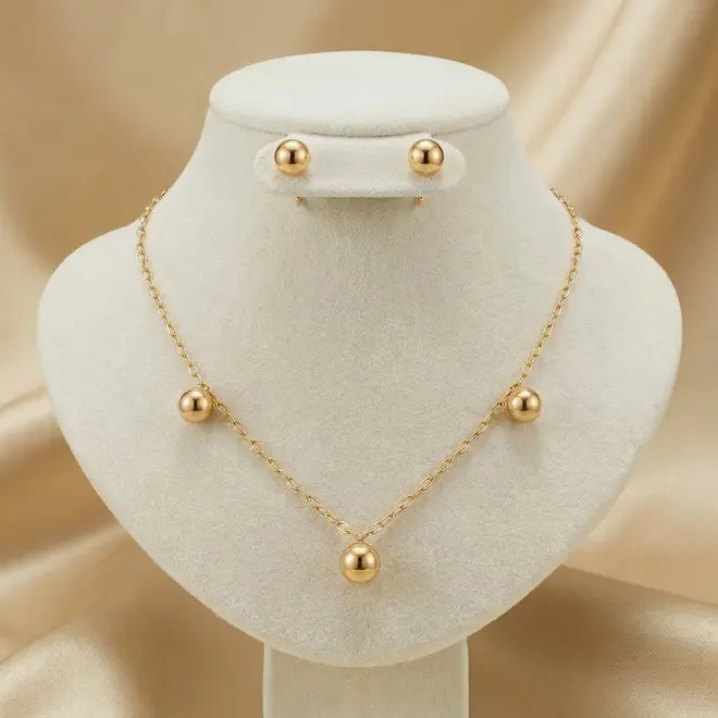 Conjunto de Ouro - Colar e Par de Brincos com Esferas
