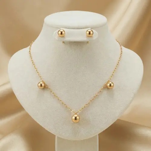 Conjunto de Ouro - Colar e Par de Brincos com Esferas