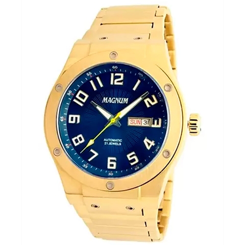 Relógio Magnum Masculino Dourado Pulseira Preta Prova D´agua