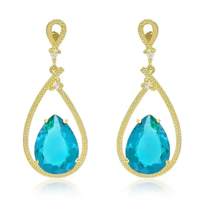 Par de Brincos com Topázios Sky Blue e Cristais, Acabamento em Ouro