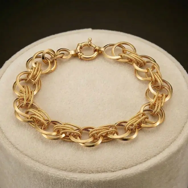 Pulseira de Ouro com Elos trabalhados e martelados