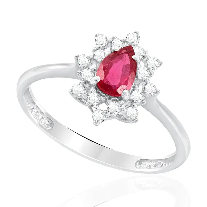 Anel de Ouro Branco com Diamantes e Rubi de 55 Pts