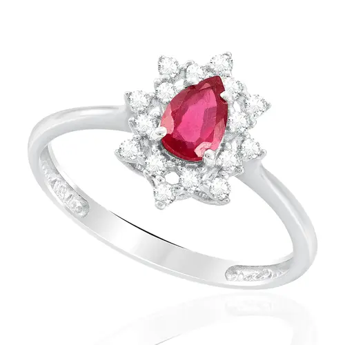 Anel de Ouro Branco com Diamantes e Rubi de 55 Pts