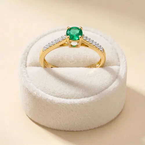 Anel Solitário de Ouro com Diamantes e Esmeralda Colombiana de 15 Pts